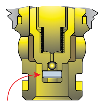 Diagram showing how the Coiled Spring Pin retains the check ball in the valve